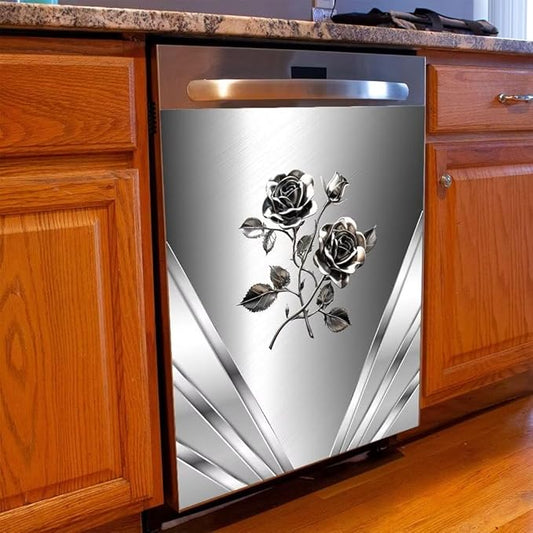 Magnetic Dishwasher Stickers Cover for Front Door,Stainless Steel Design Flower Pattern Refrigerator Magnetic Cover Kitchen Decorative,Home Appliance Vinyl Sticker 23W x 26H inchs