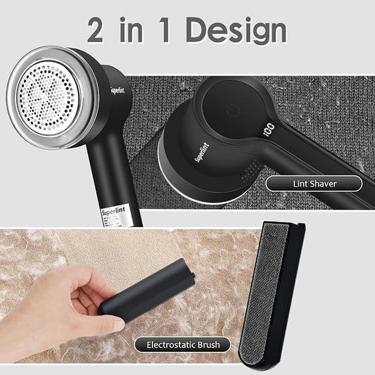 SuperLint 2-in-1 Rechargeable Fabric Shaver LED 3-Speed Lint Remover Black | Electrostatic Brush,2000mAh Battery,USB C Rechargeable,2-3H Long Runtime,auto-stop safety,6-Leaf Blade,2 replacement blades - Image 2