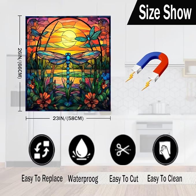 Dragonfly Dishwasher Cover for Home Appliance, Colorful Glass Art Vinyl Decal for Dish Washer Sticker, Spring Flowers Refrigerator Panel Door Cover, (23" x 26" Ordinary)
