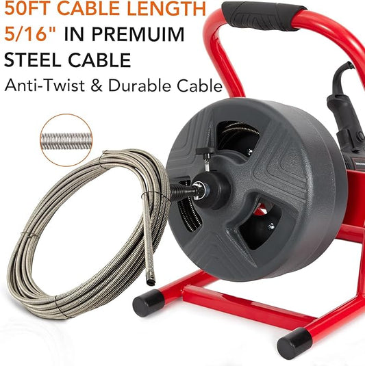 GARVEE Drain Cleaner Machine, 50 ft X 5/16 in Professional Automatic Electric Drain Auger for 3/4 to 3 in Pipes, Portable Electric Drain Snake with 6 Cutters & Foot Switch and Pair of Gloves