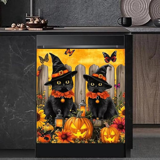 Halloween Black Cats Kitchen Decor Dishwasher Magnet Cover Decal, Pumpkins and Butterflies Magnetic Dish Washer Panel Door Vinyl Sticker, Refrigerator Magnets,Easy to Clean, 23 x 26 inch