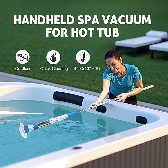 Cordless Handheld Pool Vacuum with 13.2 Gal/Min Powerful Suction, Rechargeable Spa and Hot Tub Vacuum Cleaner, Portable Small Pool Vacuum for Above Ground Pools, Inflatables & Steps, 2 Brush Heads