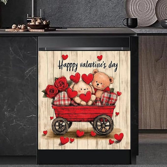 Happy Valentine's Day Kitchen Decor Dishwasher Magnet Cover Decal, Rustic Wood Red Wagon Magnetic Dish Washer Panel Door Vinyl Sticker, Refrigerator Magnets,Easy to Clean, 23 x 26 inch