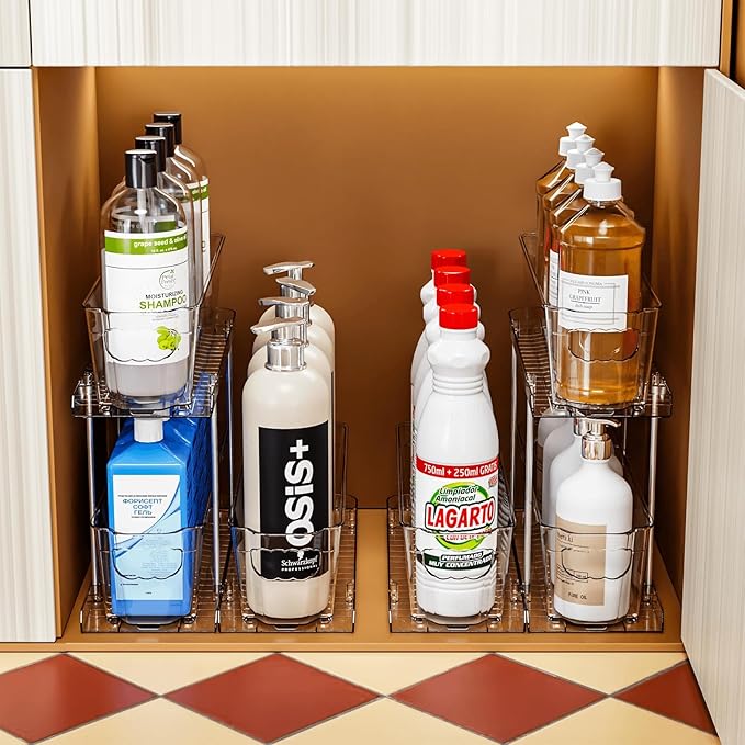 SUOXING 6 Pack Bathroom Under Sink Organizer for Small Spaces,5.1" Narrow 2 Tier Under Cabinet Storage for Cleaning Supplies Organization,Pull Out Kitchen Cupboard Underneath Sink Organizer,Clear