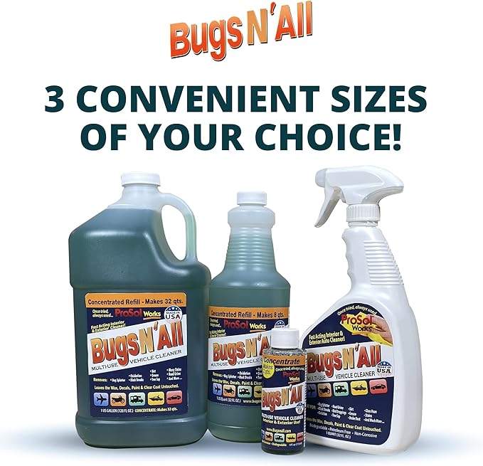 Bugs Nโ All Multipurpose Car Cleaner & Degreaser - Bug & Tar Remover Concentrate 32 oz - Exterior Cleaner Safe for Car Paint, Metal, Chrome, Aluminum, Windows & Mirrors - w/Free 32 oz Spray Bottle