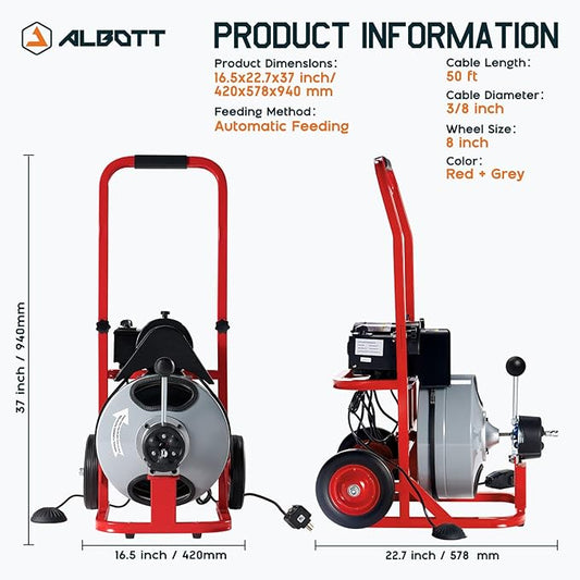 Albott 50 FT x 3/8 inch Electric Drain Cleaner Machine with Auto-Feed & 10 Cutters, Sewer Snake Auger for 1–4 Inch Pipes, Foot Switch & Wheels, Ideal for Home & Commercial Use, Gray/Red
