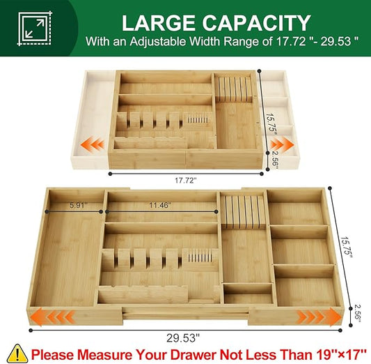 Bamboo Silverware Drawer Organizer, 17.7-29.5 Inch Expandable Large Kitchen Drawer Organizer, 5-8 Slot Flatware with Removable Card Slots & Knife Block for Spoon Butter Knive, Natural