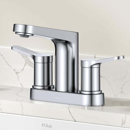 KRAUS Indy Centerset Bathroom Faucet in Chrome with 2 Handles, Pop Up Drain and Supply Lines, FUS14102CH