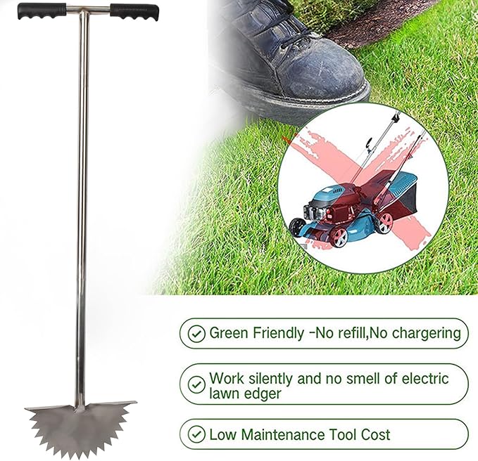 Manual Lawn Edger with Saw Tooth Blade, Half Moon Edger Lawn Tool, Stainless Steel Garden Edger with T Grip Handle for Cleaning Edges Along Sidewalks Driveways and Flower Beds
