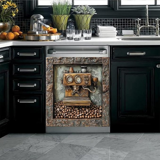 Retro Coffee Machine Dishwasher Magnet Cover, Dish Washer Cover for Kitchen Decor, Easily Trimmable Dishwasher Sticker Refrigerator Magnetic Cover 23×26 in