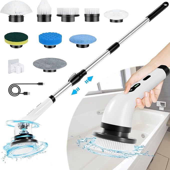 Electric Spin Scrubber Cordless, Electric Scrubber for Cleaning Bathroom with Long Handle, Electric Shower Scrubber, Power Cleaning Brush with 9 Brush Heads for Bathtub Tile Floor Car