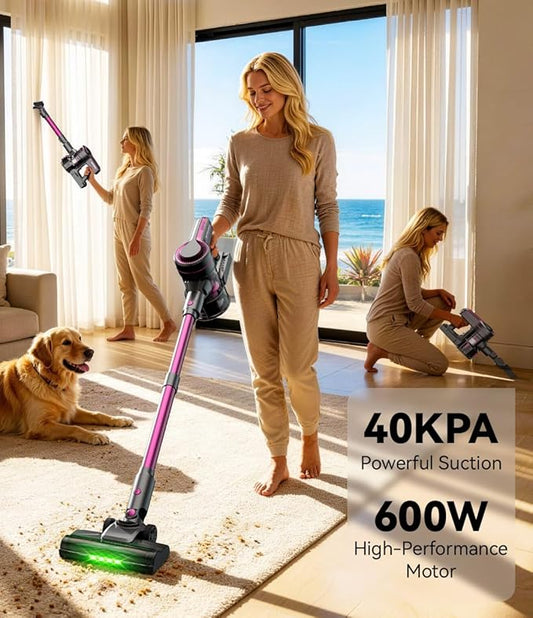 Cordless Vacuum Cleaner for Home,600W 40000PA 70Mins, Self-Standing,Powerful Suction Anti-Tangle Long&Pet Hair, Easily Picks Up Hard/Soft Debris for All Surfaces:Hardwood Floors,Tile,Carpet (Fuchsia)