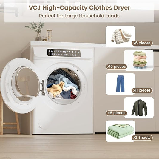 VCJ 3.6 cu.ft Portable Dryer, 1400W Electric Clothes Dryer with 12 Drying Modes & LED Control Panel, Front Load Compact Dryer for Home, Apartment, Dorms