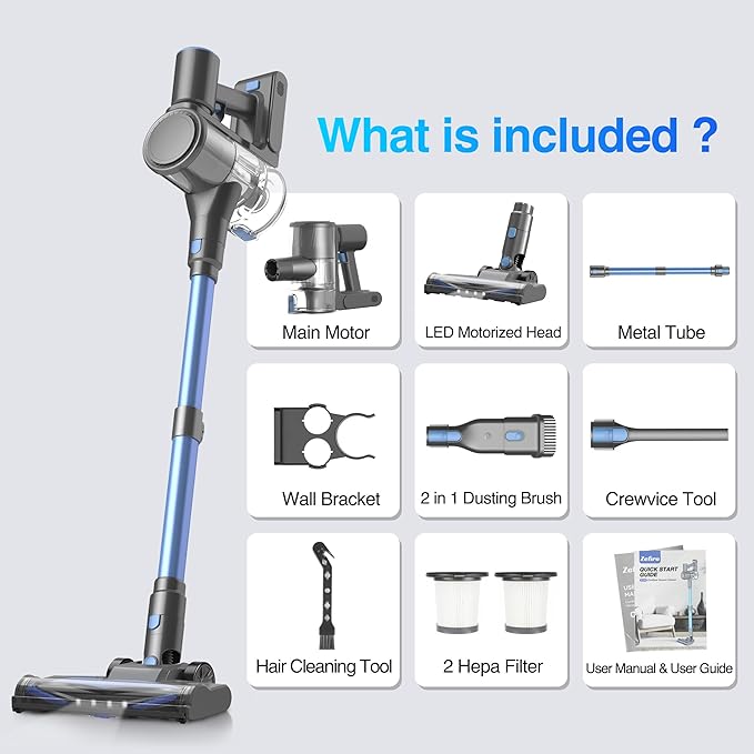 Zefiro Cordless Vacuum Cleaner for Home,450W /40Kpa 50Mins Stick Vacuum,Anti-Tangle 1.5L Dust Cup, Rechargeable Wireless Handheld Vacuum for Pet Hair/Carpet/Floor