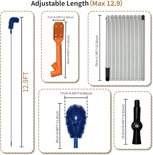 Longtor 12.9FT Gutter Cleaning Tools from Ground – Aluminum Extension Pole with Bendable Brush, Deep Scoop & Swivel Head, Telescopic Roof Cleaner for Gutters/RV/Home, No Ladder Required