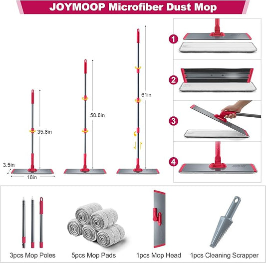 JOYMOOP 18 Inch Dust Mop for Hardwood Floors, Heavy Duty Industrial Wet Dry Mops with Telescopic Handle, Includes 5 Microfiber Mop Pads - Red-Grey