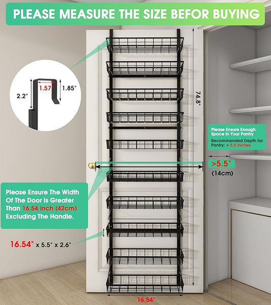 10-Tier Over The Door Pantry Organizer, Pantry Organization and Storage, Black Metal Hanging Adjustable Basket, Wall Spice Rack Seasoning Shelves, Home & Kitchen Essentials