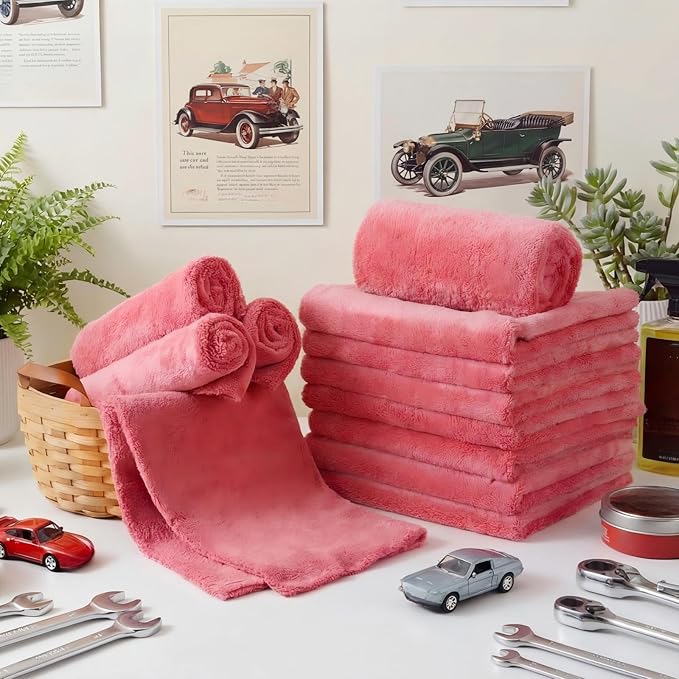 Shimeyao 30 Pcs 16 x 16 Inch Edgeless Microfiber Plush Towels for Cars Detailing Drying Wash Polishing Absorbent Cleaning Cloths, 500 GSM (Vivid Red)