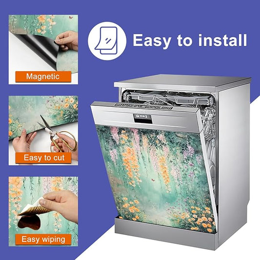 Dishwasher Magnet Cover 23x26 in Waterfall Flowers and Butterfly Over Mint Green Background Magnetic Dishwasher Cover for Kitchen Appliance Decoration Front Panel Sticker Panel Home Decor