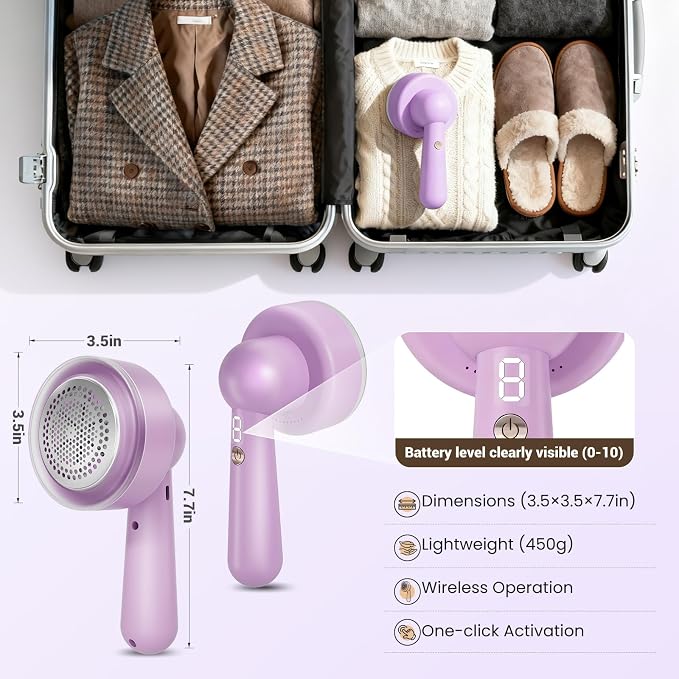 DBC Fabric Shaver & Lint Remover for Clothes, Sweaters & Furniture | 6-Leaf Blade, 3 Speeds, 2H Runtime, Portable Design Perfect for Travel, Includes 2 Extra Blades, Purple - Image 8