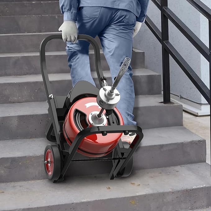100Ft 1/2 Inch Drain Cleaning Machine, 450W Portable Drain Cleaning Machine Auto Feed Electric Sewer Snake, Electric Drain Auger with 6 Cutter Air-Activated Foot Switch for 2" to 4" Pipes