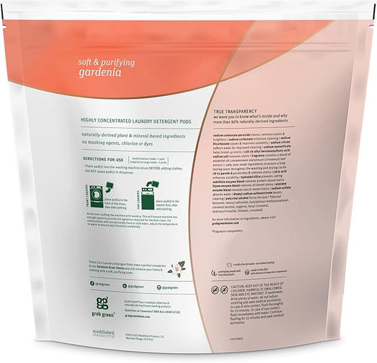 Grab Green Natural 3 in 1 Laundry Detergent Pods, Gardenia-with Essential Oils, 132 Loads, Organic Enzyme-Powered, Plant & Mineral-Based, White, 74.5Oz
