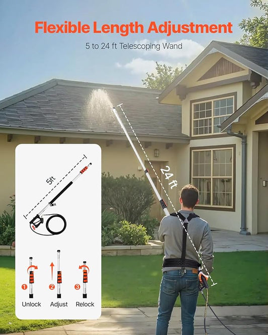 VEVOR Pressure Washer Telescoping Wand, 24 ft, 4000 psi, Telescopic Spray Wand with Power Washer Extension Wands, Gutter Cleaner, Brush Head, Pivoting Coupler, 7 Spray Nozzles and Support Harness