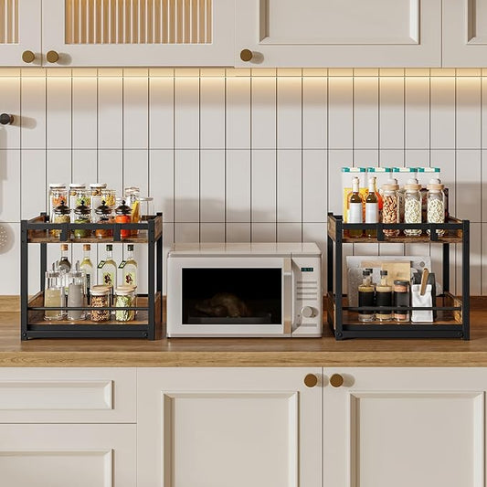 HOOBRO Kitchen Countertop Organizer, Corner Shelf Organizer, 2-Tier Spice Rack with Pull-Out Shelf and Hooks, for Kitchen, Office, Study, Bedroom, Living Room, Rustic Brown and Black BF08TL01