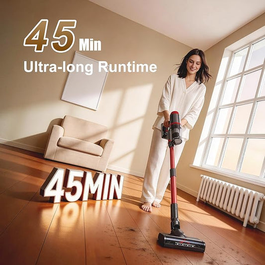 Cordless Vacuum Cleaner, 200W 45Mins Lightweight Stick Vacuum Cleaners for Home, Anti-Tangle Brush & LED Touch Screen, 1L Dust Cup, Wall Mount Dock, Bright Light for Hardwood, Pet Hair, Carpet, Office