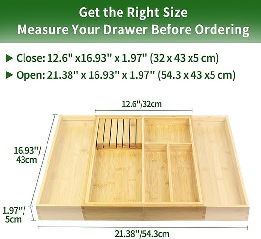 VaeFae Bamboo Kitchen Drawer Organizer, Utensil Tray with Multiple Compartments, Cutlery and Silverware Storage