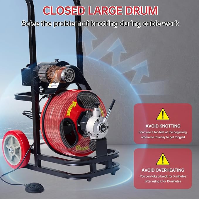 Drain Augers 75FT Sewer Snake with Auto-feed,SEVVETROOL Electric Drain Cleaner Machine 250W Motor Speed, CW/CCW Switch Control,Quick Replaceable Cutters,Perfect for 1"-4" Pipes(22.8M)