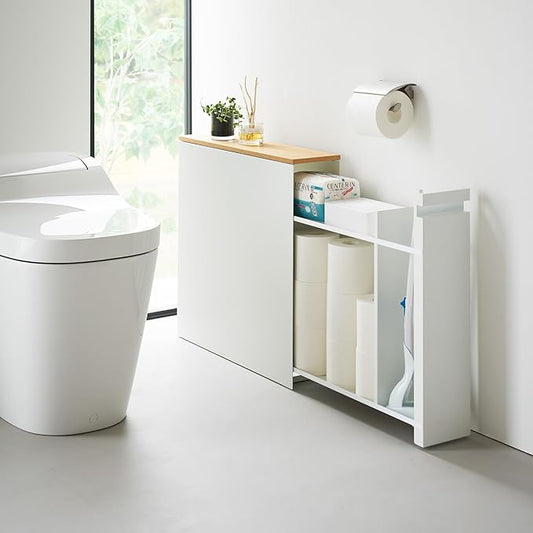 Yamazaki Home Pull-Out Bathroom Storage Cabinet – Slim Bathroom Storage Cabinet with Wood Top, Steel Organizer for Toilet Paper and Cleaning Supplies, Modern Space-Saving Design, White - Steel + Wood