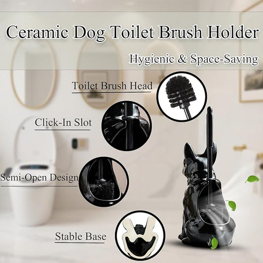 2026 Ceramic Dog Toilet Brush Holder Set, French Bulldog Design with 2PCS Durable Plastic Brush, Modern Bathroom Accessories (Black)