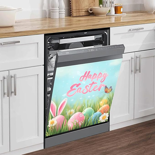 NYZE Easter Dishwasher Magnets Cover, Bunny Dishwasher Magnetic Sticker Decorative, Reusable Dish Washer Cover for Dishwashers (Happy Easter)