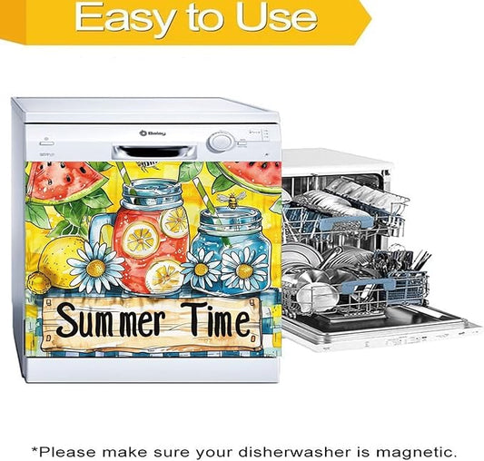 Summer Time Kitchen Decor Dishwasher Magnet Cover, Watermelon Lemonade Magnet Refrigerator Cover Panel Decal, Daisy Home Cabinet Sticker Bee Fridge Magnet Sticker 23" W x 17" H Magnetic