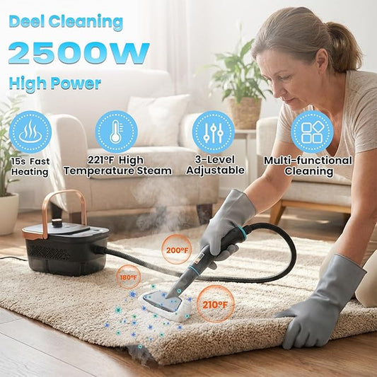 Handle Steam Cleaner, 2500W Steam Cleaner for Home, 3-Level Adjustable Handle,15s Heat-Up, Portable Steamer for Cleaning Car, Dirt, Grout, Couch, Furniture, Grease,Tile