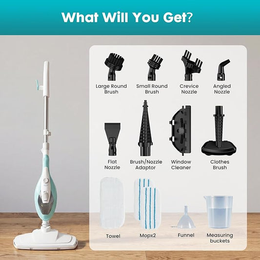 OLIXIS 10-in-1 Steam Mop, 1550W Detachable Handheld Steam Cleaner for Floor Cleaning, 16FT Cord, 2 Washable Pads, Multi-Purpose Floor Steamer for Hardwood, Carpet, Tile, Grout, Windows, White Green
