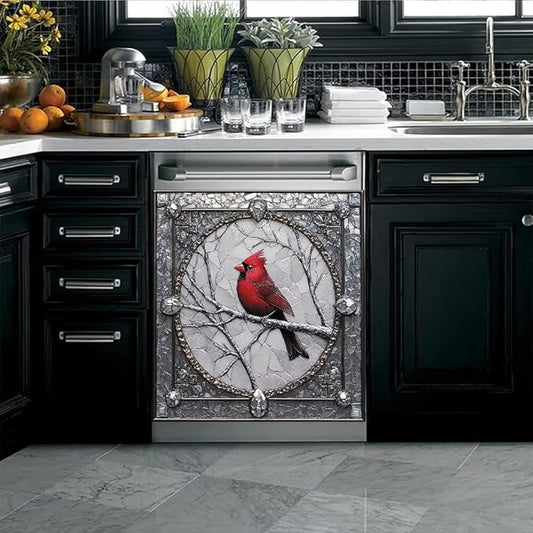Cardinal Magnet Dishwasher Door Cover Retro Silver Gray Vinyl Panel Decal, Refrigerator Magnetic Skins Cover Reusable Dishwasher Sticker, 23" x 26" Magnetic