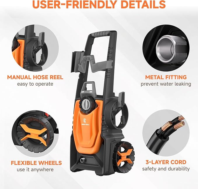 Giraffe Tools Electric Pressure Washer, 4 Quick-Connect Nozzles, Foam Cannon for Cars/Patios/Driveways/Fences, 2400 Max PSI 2.3 GPM 30FT