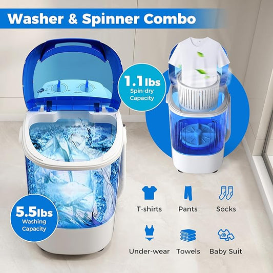 COSTWAY Mini Portable Washing Machine, 5.5 lbs Capacity, Compact Laundry Washer with Spin Tub & Drain Hose, Perfect for Apartment Dorms RV Home (Blue)