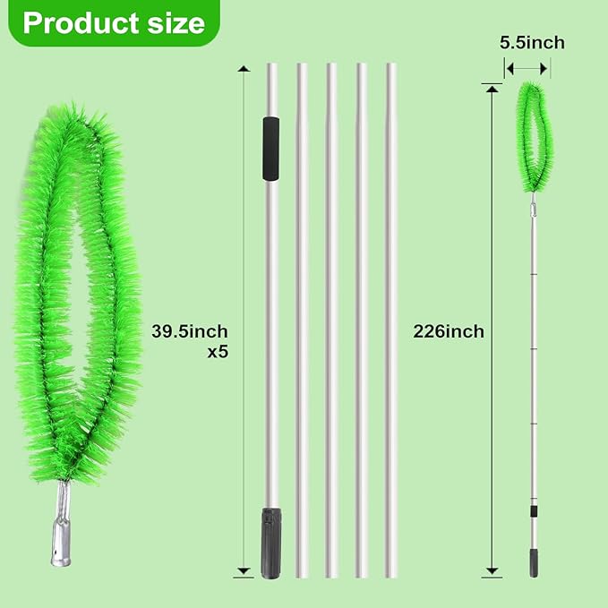 19Ft Roof Rake Brush for Snow and Leaves, Gutter Cleaning Broom Tool, Spider Web Brush Cleaner for Shingles, Corrugated,High Ceiling,Porch,Outdoor Window Cob Web Remover - Lightweight Pole