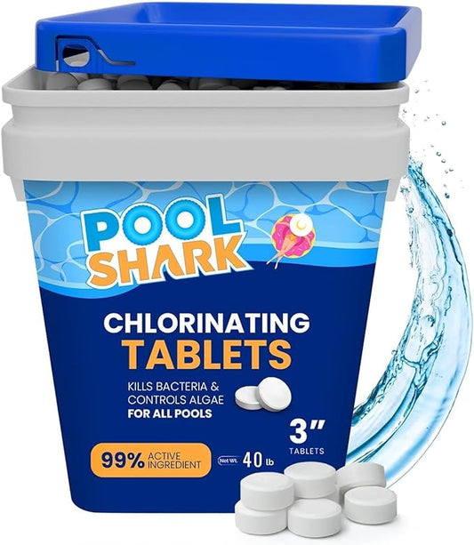 Pool Shark Swimming Pool Chlorine Tablets 2 x 40 lb as 80 lb 3-Inch Chlorine Tablets Slow-Dissolving 90% Active Chlorine Tabs Pool Chemicals for Inground Pools Above Ground Pools Saltwater Spa Hot Tub