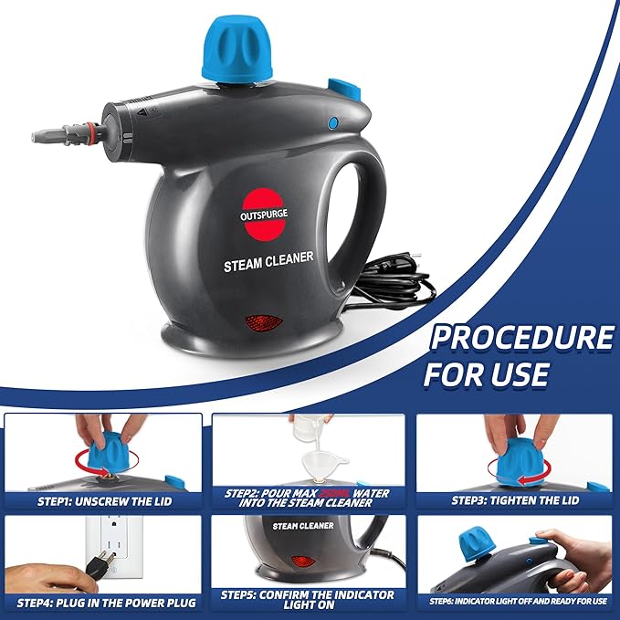 Handheld Steam Cleaner, Pressurized Multi-Surface Steam Shot with 13 Accessories, Safety Lock, Steamer for Cleaning Floor, Upholstery, Grout, Windows, Couch and Car, Grey