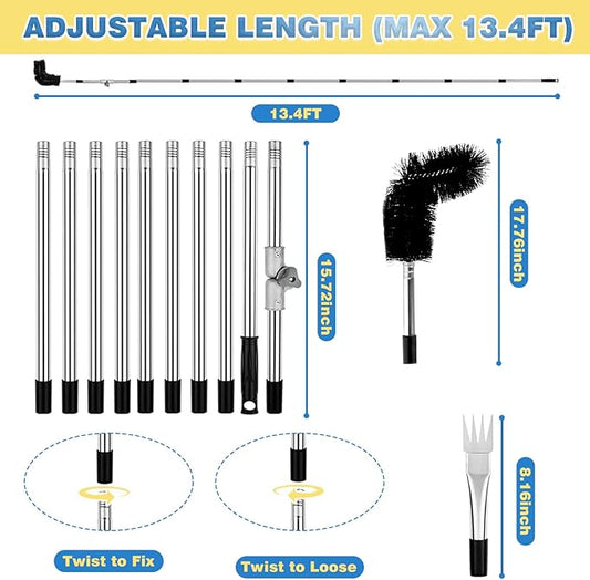 13FT Gutter Cleaning Tool from The Ground, No Ladder Needed - Adjustable Length Gutter Cleaner Pole with 180° Pivoting Head, Replaceable Brush & Shovel for Leaves, Debris