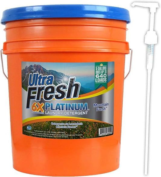 Ultra Fresh 6X Platinum 5 Gallon Laundry Detergent Liquid for All Machine Types with Easy Dispensing Pump, Up to 640 Loads, Mountain Fresh (6 Pack)