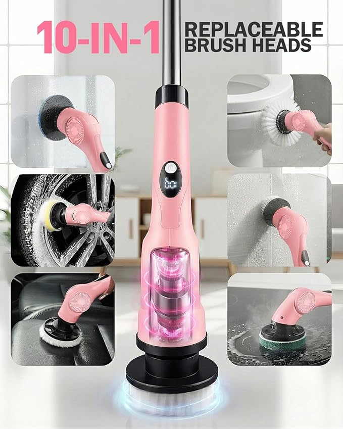 Electric Spin Scrubber, 3-Speed Cordless Shower Scrubber with Long Handle & 10 Replaceable Brush Heads, 90 Mins Runtime & Full-Body IPX7 Waterproof Shower Cleaner Brush for Bathroom Kithchen