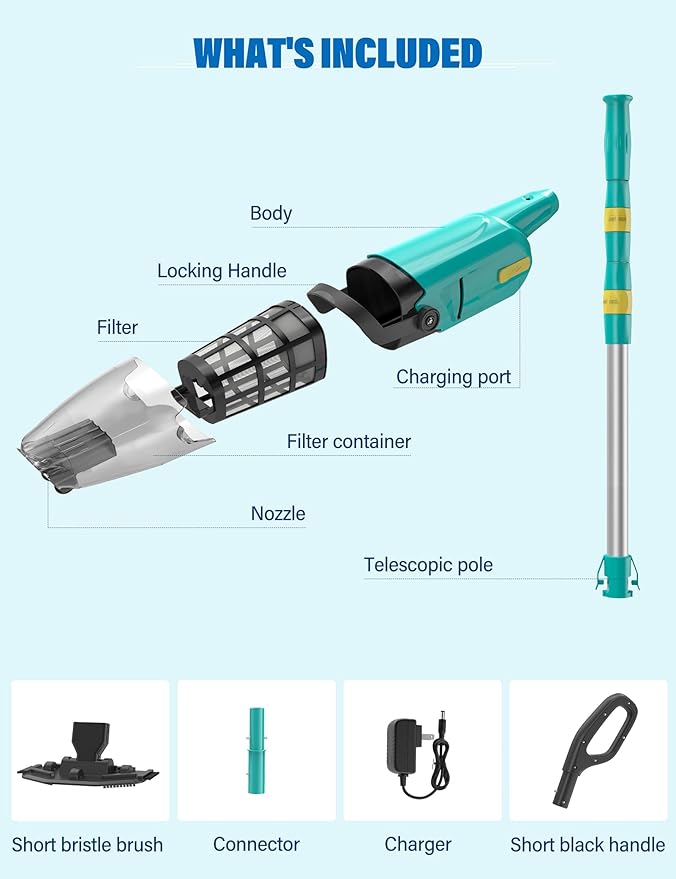 Pool Vacuum Cordless Handheld Cleaner Rechargeable with 60 mins Runtime, Perfect for Above Ground Pools, In-Ground Pools, Spas, and Hot Tubs – Efficiently Removes Sand and Debris