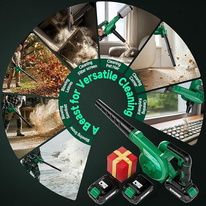 K I M O. Cordless Leaf Blower Vacuum Combo 4 in 1, 3 Nozzles &3 Modes for Inflation & Deflation, Extended Tube & Variable Speed, 20000RPM 150MPH, 2x2000mAh Battery Powered Leaf Blowers for Lawn Care