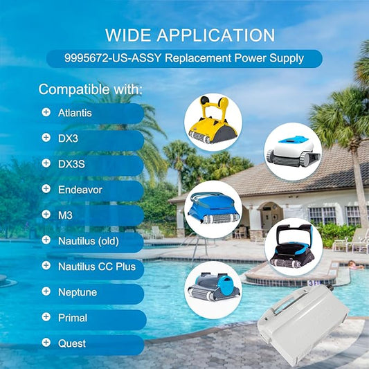 9995672-US-ASSY Power Supply with Power Cord Replacement for Dolphin Maytronics Atlantis, DX3, DX3S, Endeavor, M3, Nautilus(Old), Nautilus CC Plus(Old), Neptune, Primal, Quest Robotic Pool Cleaners