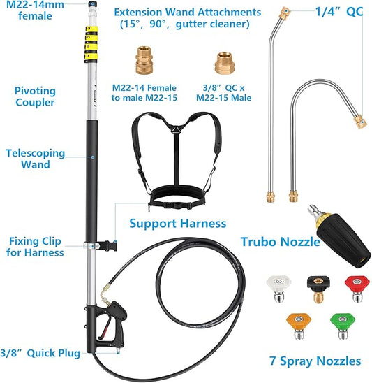 24 FT Telescoping Pressure Washer Wand Extension, Hot Water Supported Power Washer Extension Wand with Turbo Nozzle, 5 Nozzle Tips, 2 Adapters, Harness, Gutter Cleaning Tools from The Ground